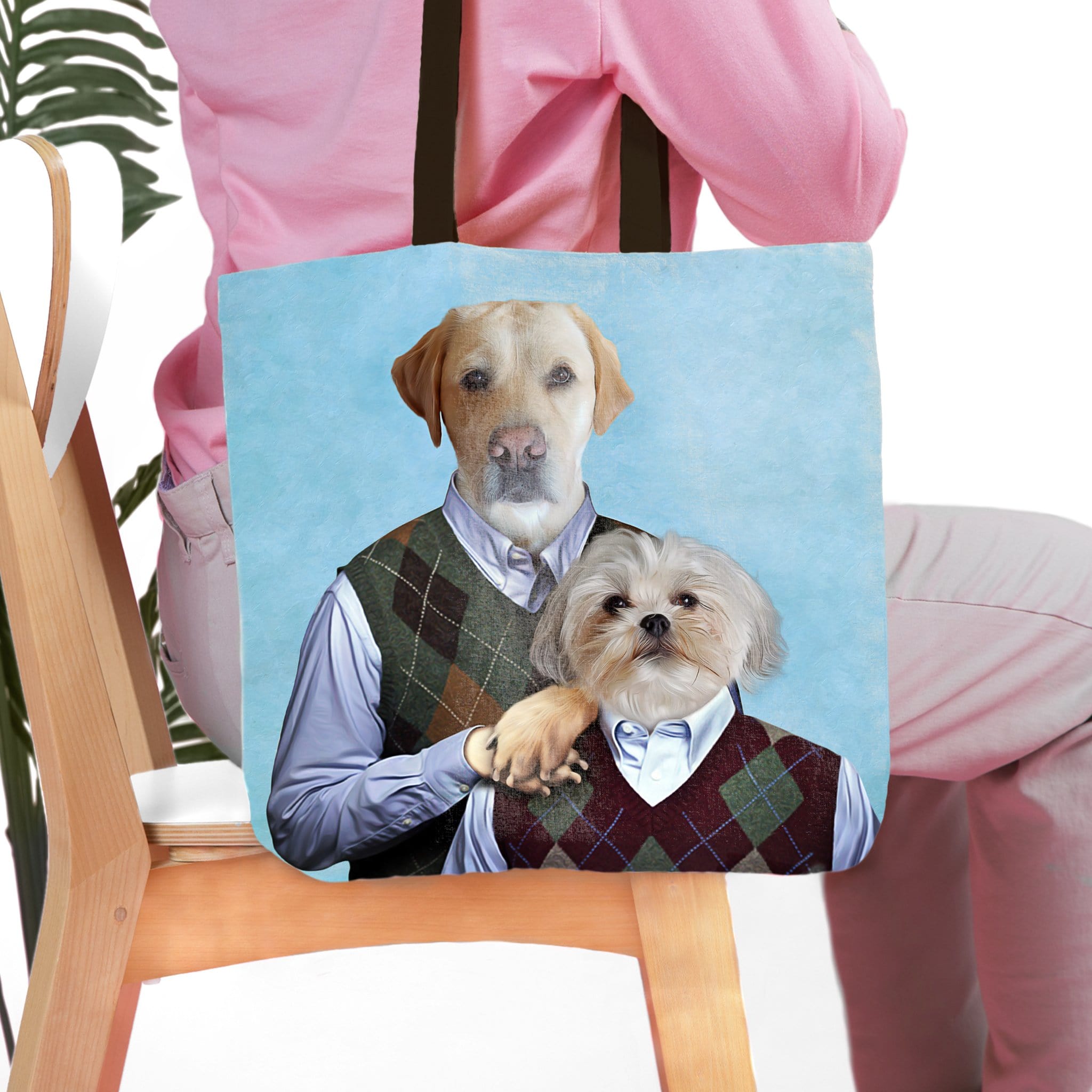 Personalized 2 pet portrait tote bag featuring a yellow lab and shih tzu in "Step Doggos" style.