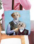 Personalized 2 pet portrait tote bag featuring a yellow lab and shih tzu in "Step Doggos" style.
