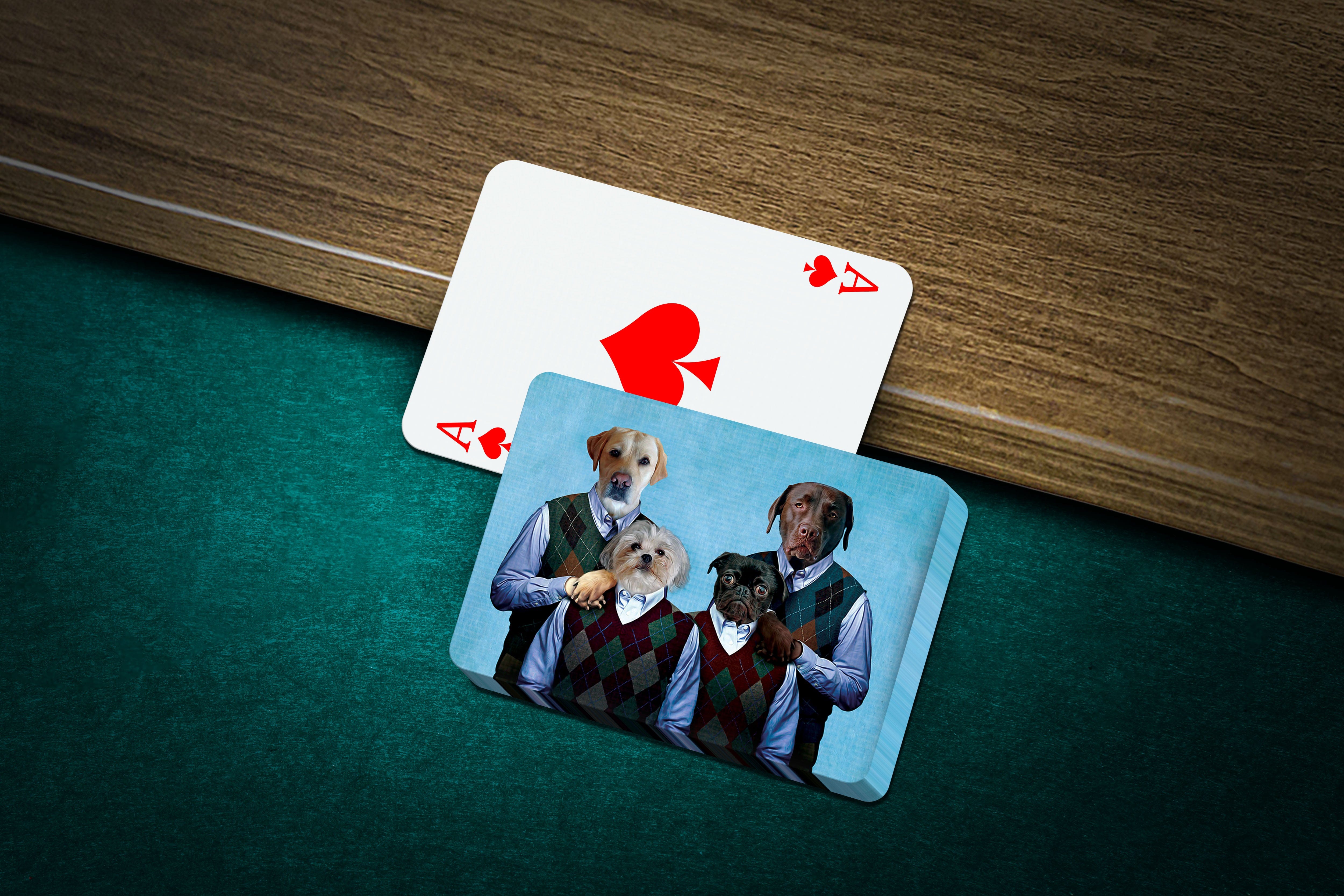 Personalized playing cards featuring a custom portrait of four dogs in argyle sweaters.