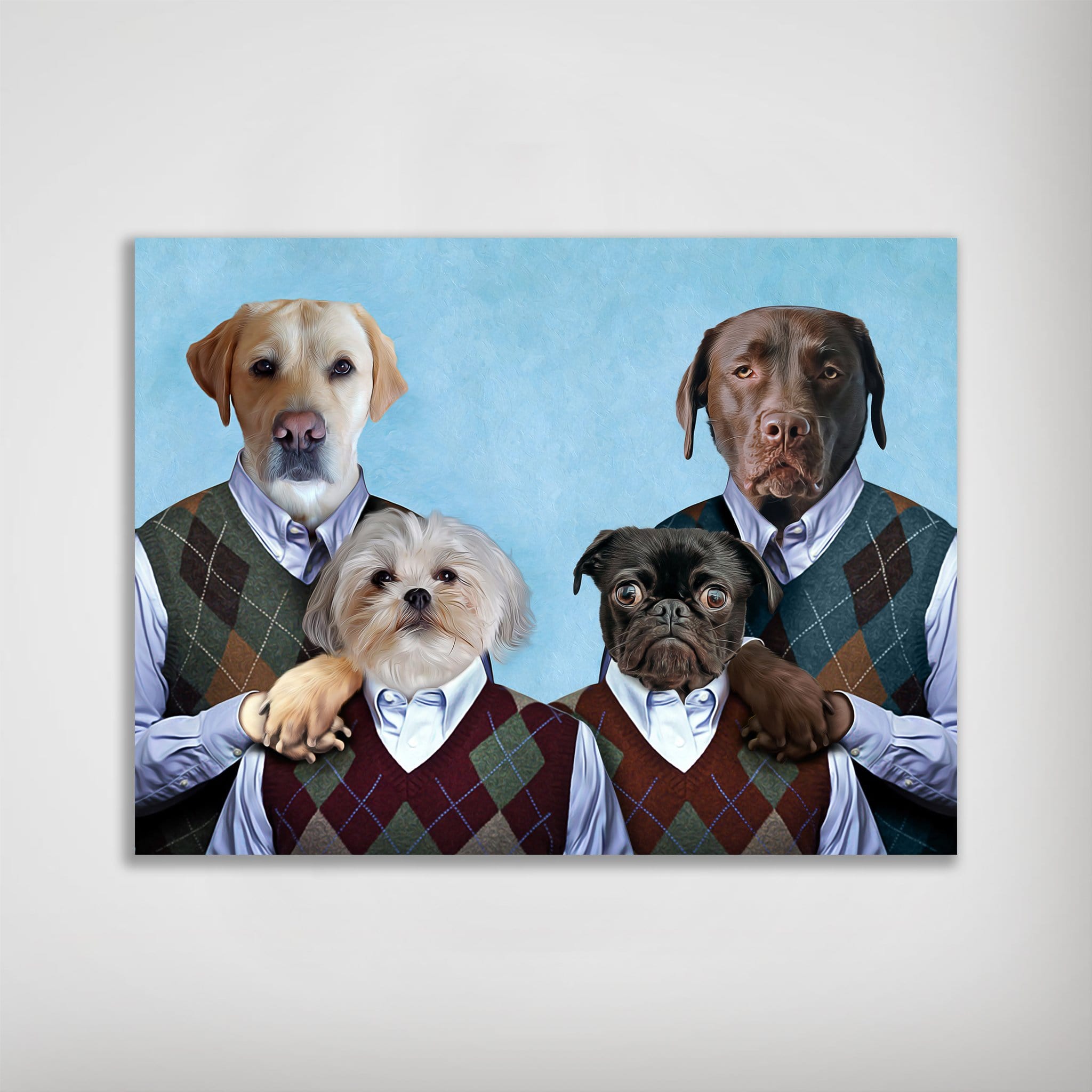 Personalized "Step Doggos" poster featuring four pets as students in argyle sweater vests.