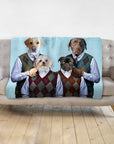 Personalized Doggovinci portrait blanket featuring four dogs in argyle sweaters on a light blue background.