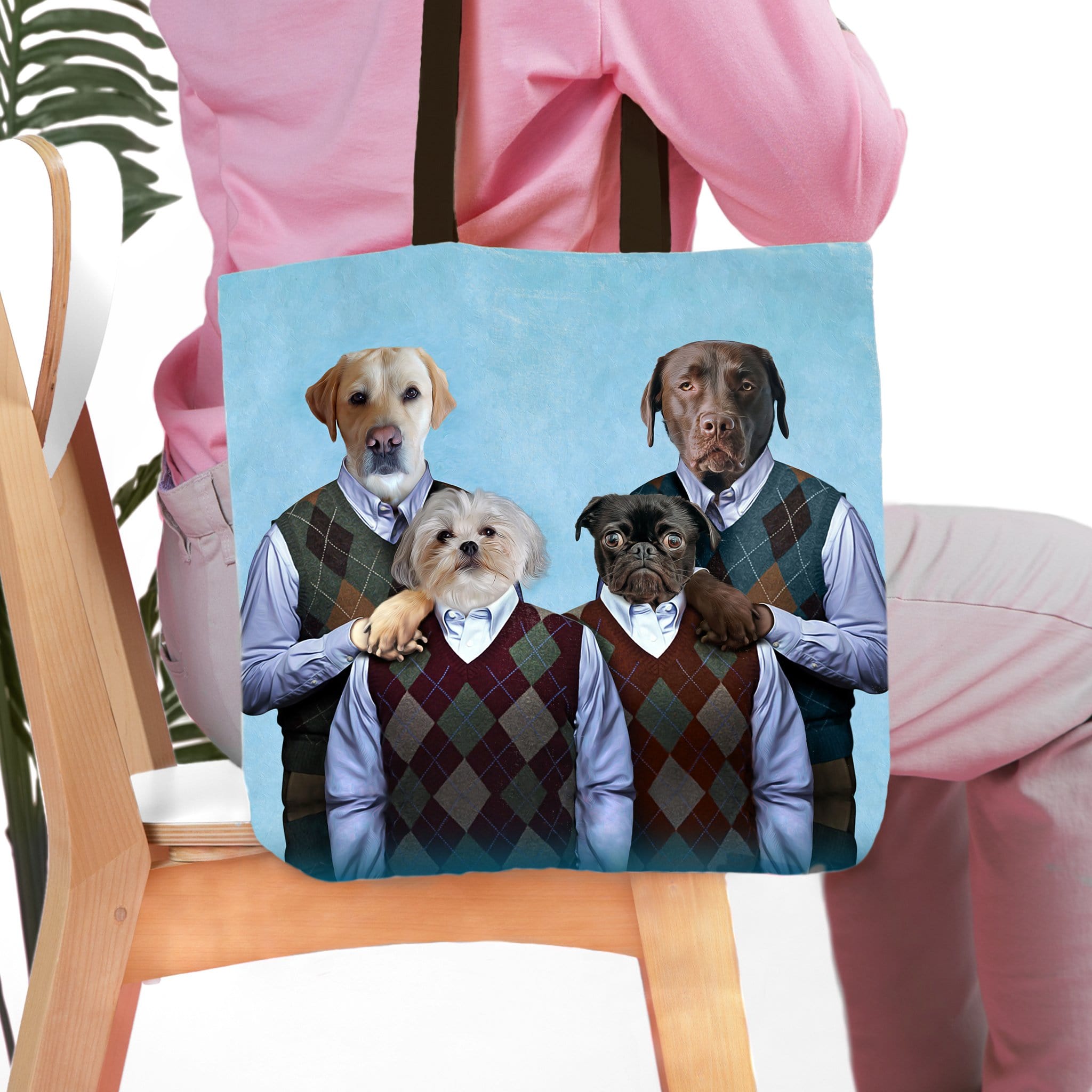 Personalized 4-pet tote bag featuring dogs in "Step Doggos and Doggette" renaissance-style portraits.