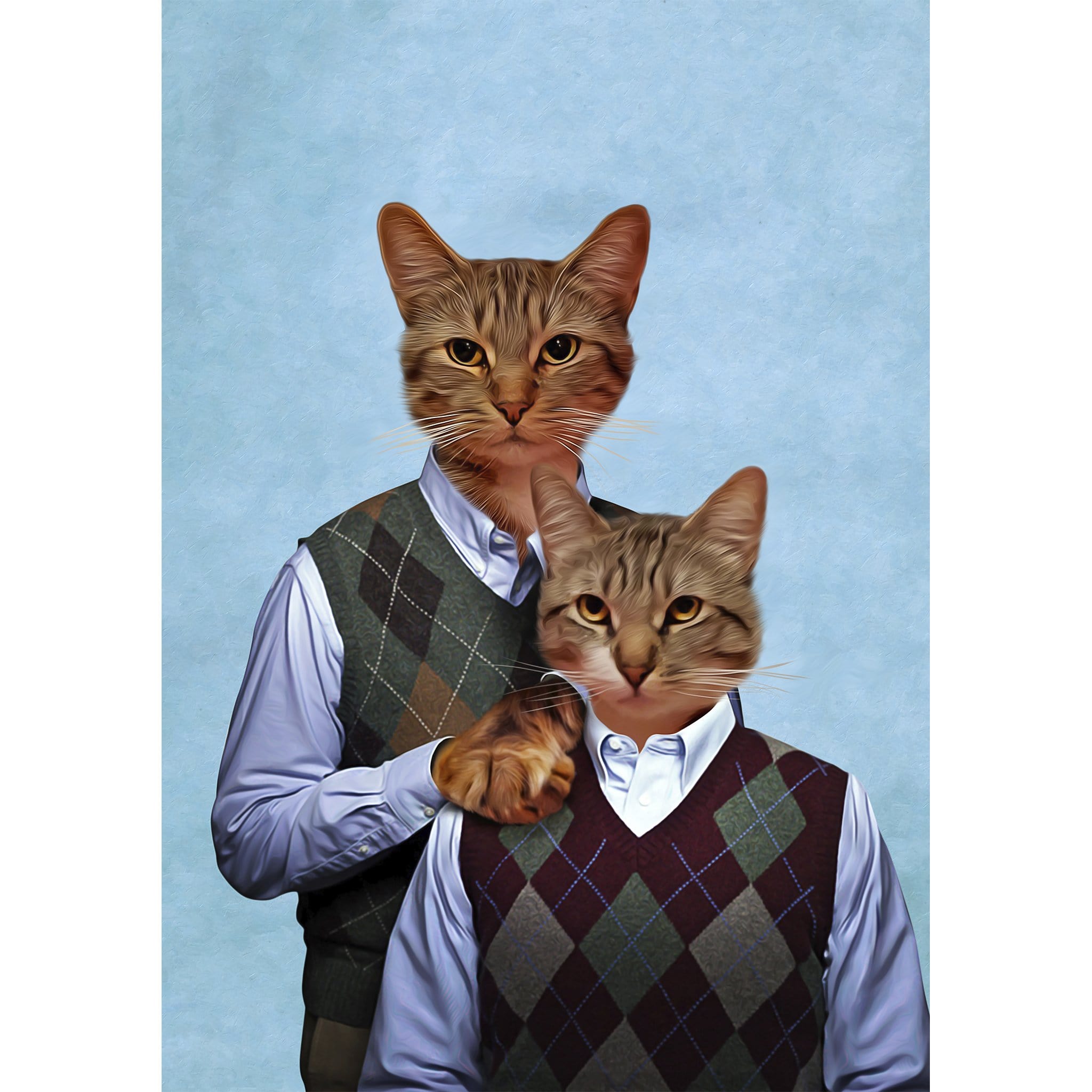 Custom digital portrait of two cats in argyle sweater vests against a blue background.