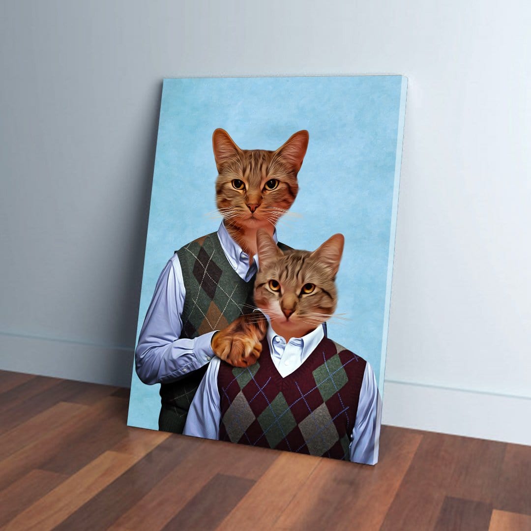 Two personalized cat portraits on a canvas, depicting cats in argyle sweater vests against a blue background.
