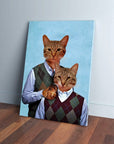 Two personalized cat portraits on a canvas, depicting cats in argyle sweater vests against a blue background.