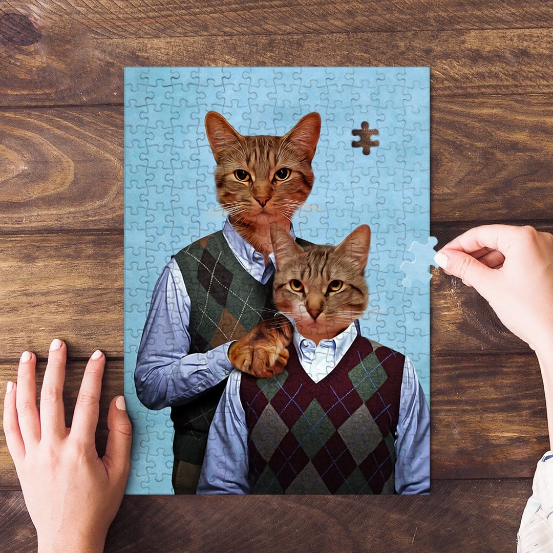 Personalized 'Step Kitties' puzzle featuring two custom cat portraits in argyle sweaters.