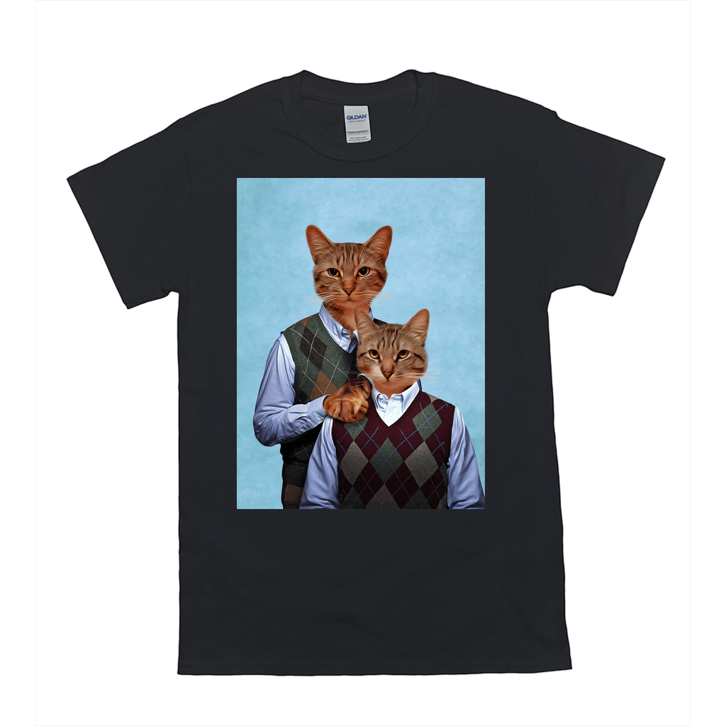 Black Gildan t-shirt with a personalized print of two cats in argyle sweater vests.
