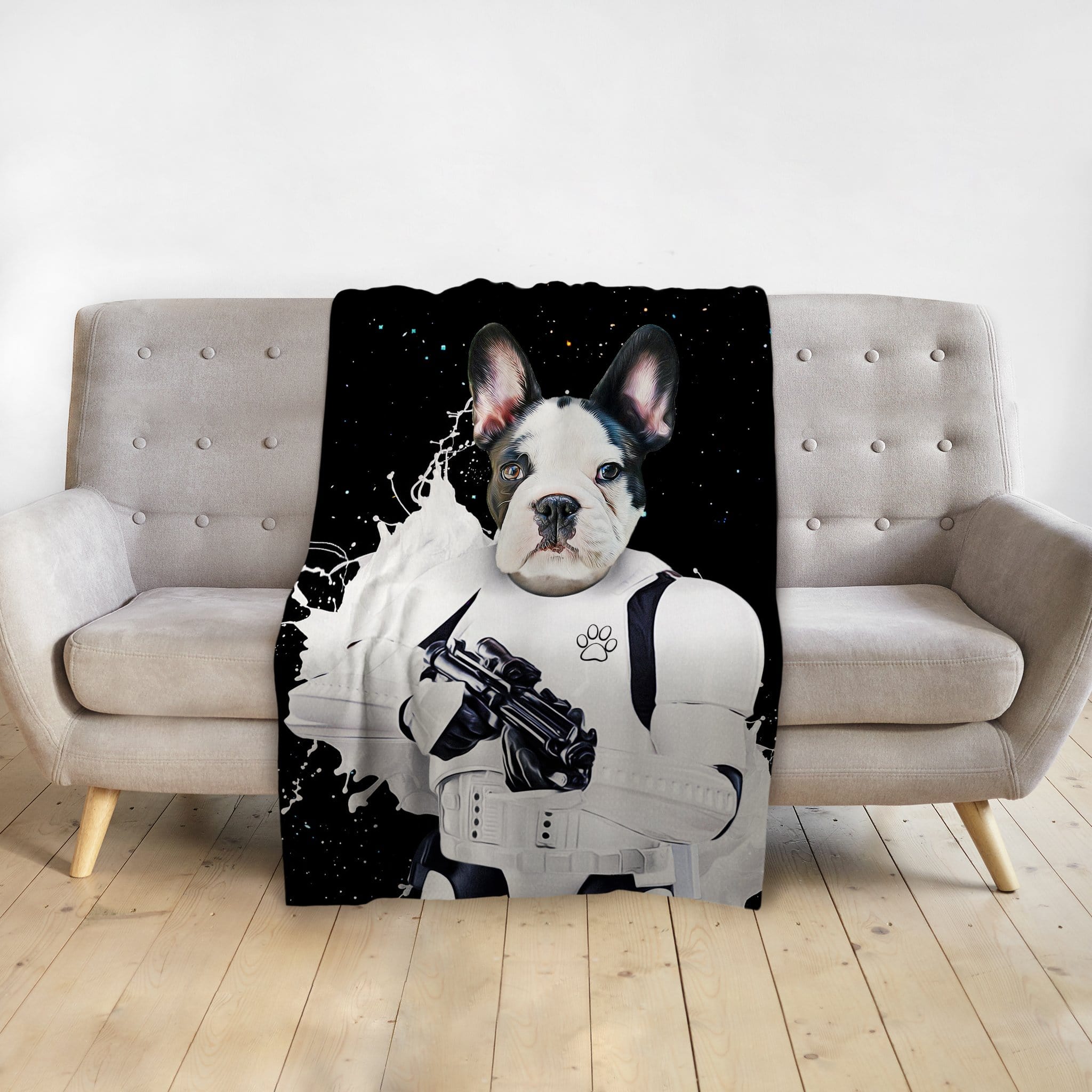 Personalized pet blanket with a French Bulldog in a Stormtrooper portrait on a black background.