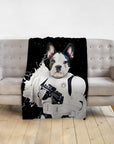 Personalized pet blanket with a French Bulldog in a Stormtrooper portrait on a black background.