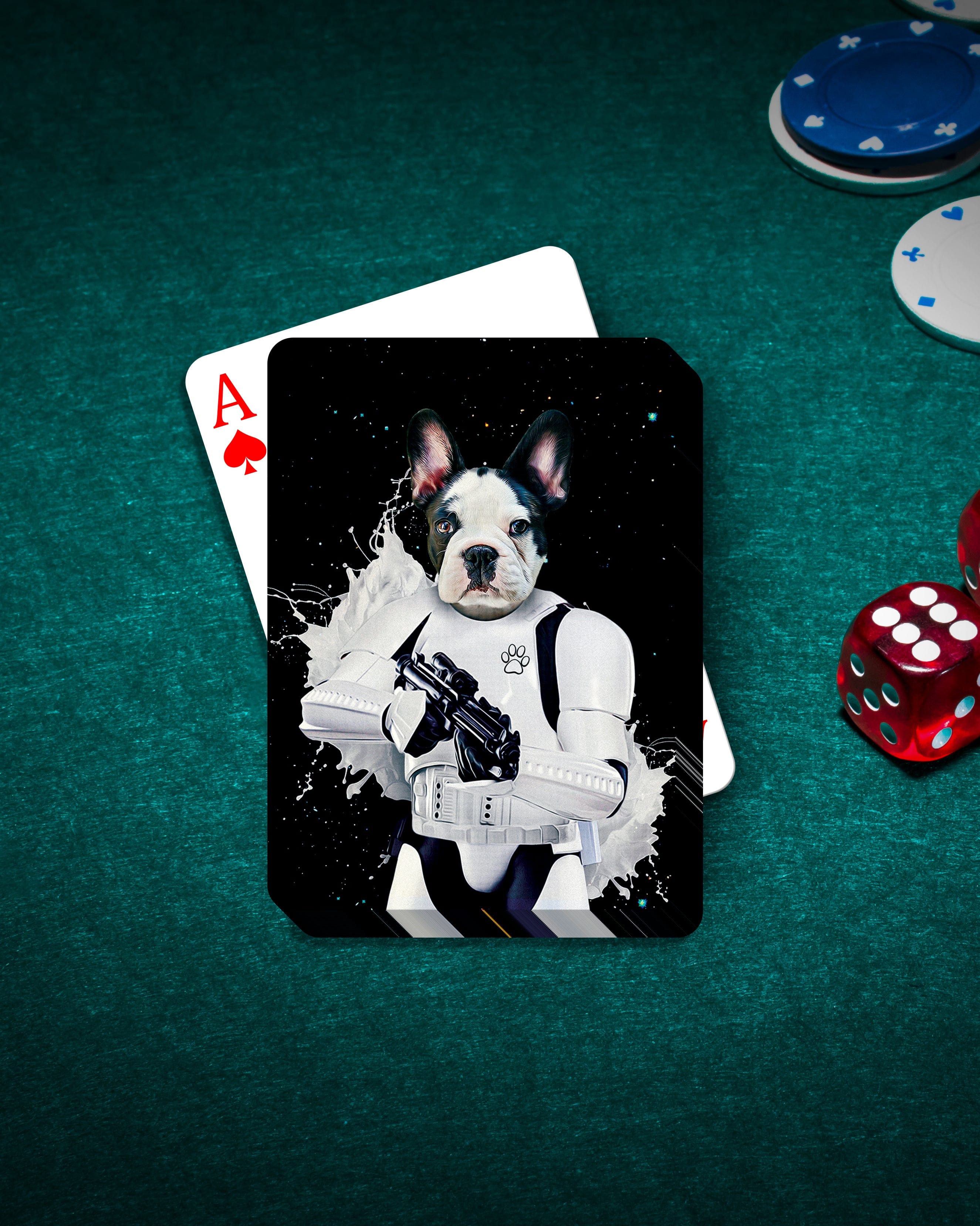 Personalized Storm Woofer playing card featuring a French Bulldog in a Stormtrooper costume.