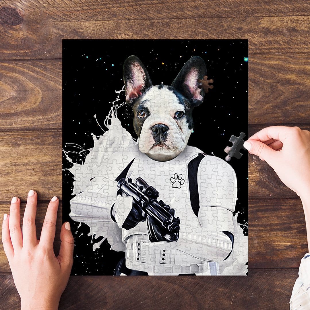 Personalized 'Storm Woofer' pet portrait puzzle featuring a French Bulldog in a white Stormtrooper suit.
