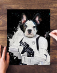 Personalized 'Storm Woofer' pet portrait puzzle featuring a French Bulldog in a white Stormtrooper suit.