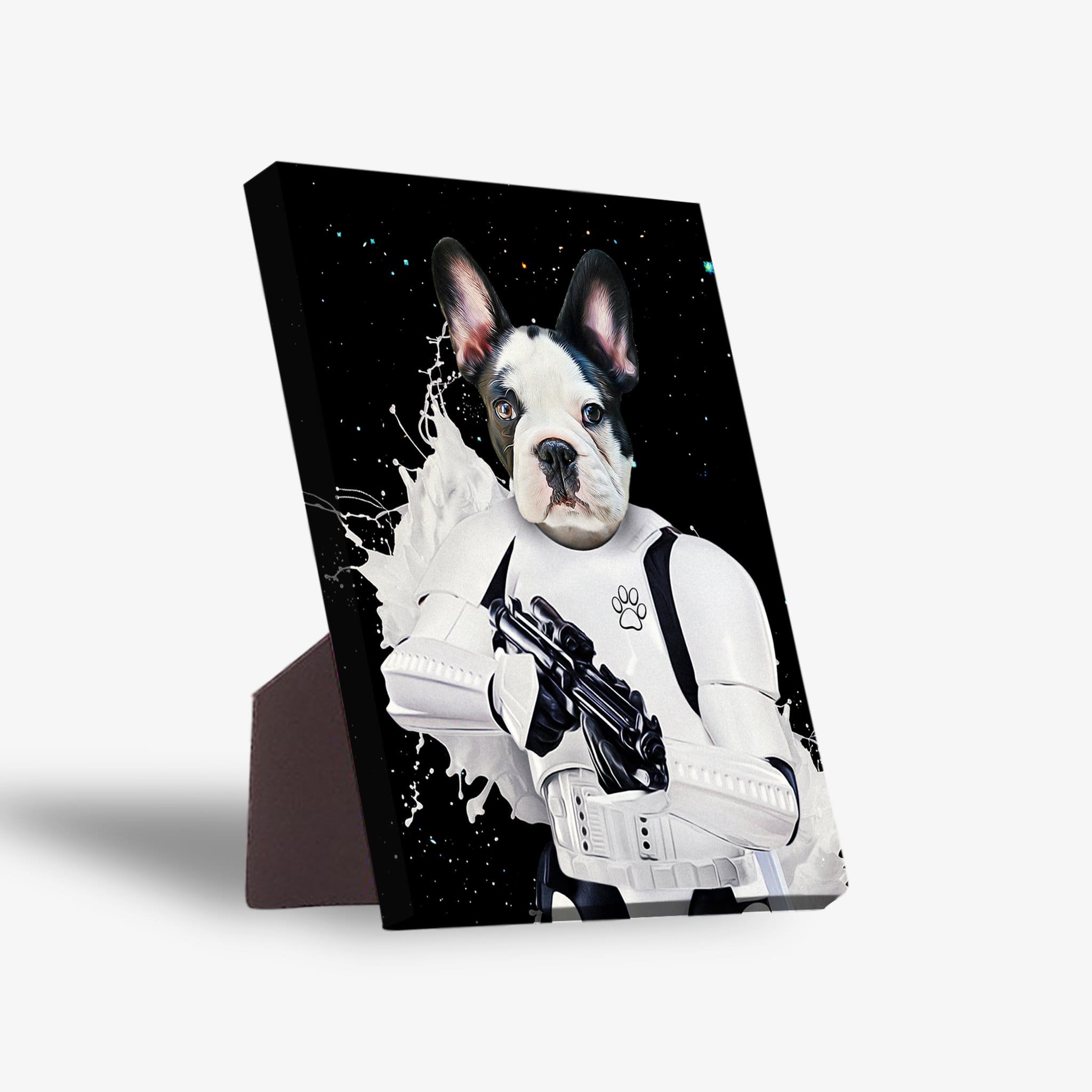 Personalized 'Storm Woofer' standing canvas featuring a Boston Terrier in a Stormtrooper costume.
