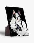 Personalized 'Storm Woofer' standing canvas featuring a Boston Terrier in a Stormtrooper costume.