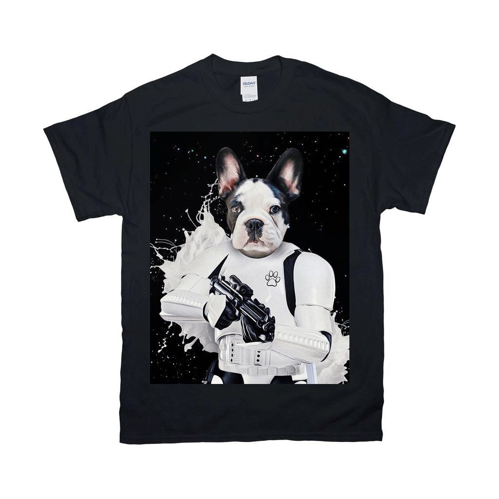 Black Gildan t-shirt with a French Bulldog in Stormtrooper armor, holding a blaster, against a black background.