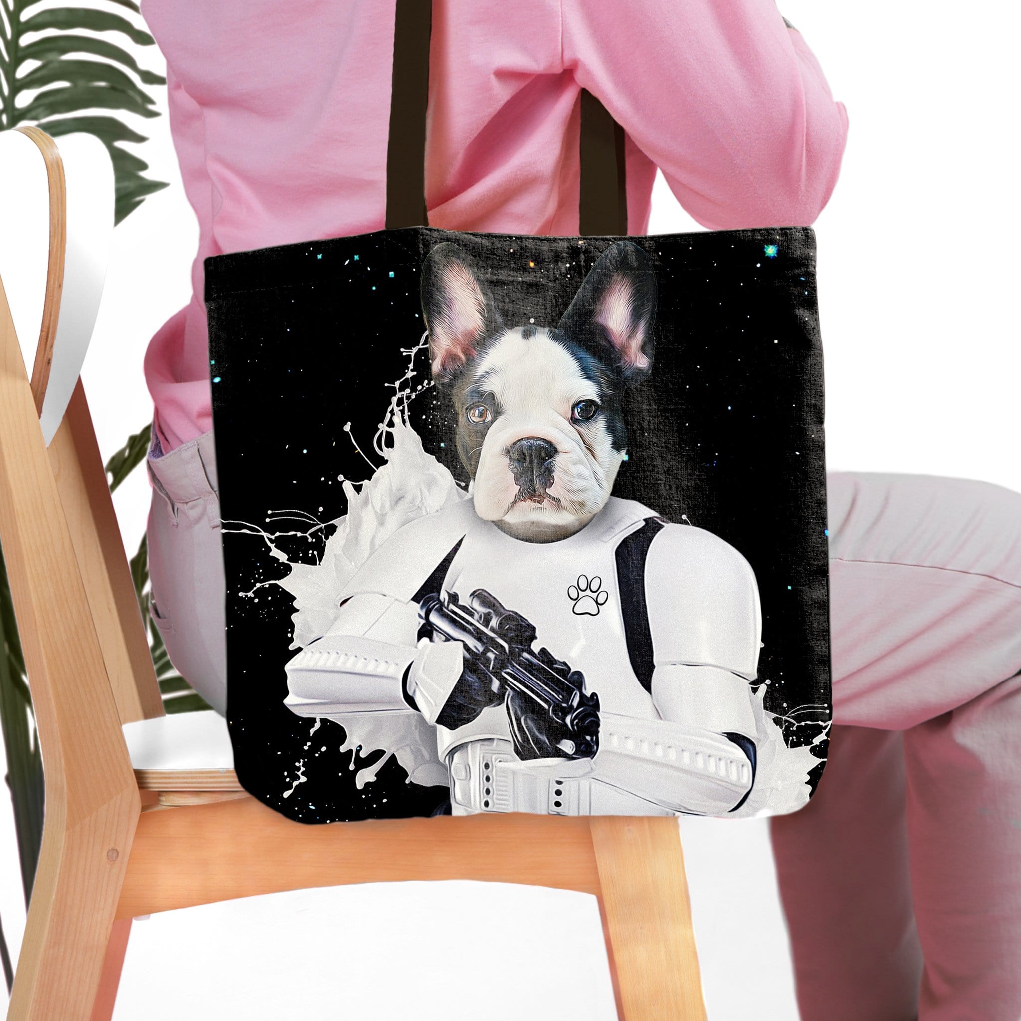 Personalized black tote bag with a custom Stormtrooper French Bulldog pet portrait on a starry background.