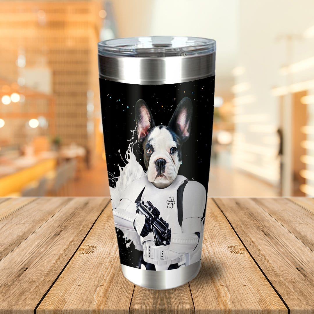 Personalized stainless steel tumbler with a French Bulldog pet portrait as a Stormtrooper.