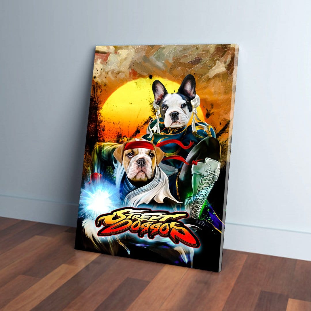 Personalized 'Street Doggos 2' canvas featuring two pets as fighting game characters with a sunset background.