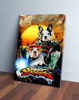 Personalized 'Street Doggos 2' canvas featuring two pets as fighting game characters with a sunset background.