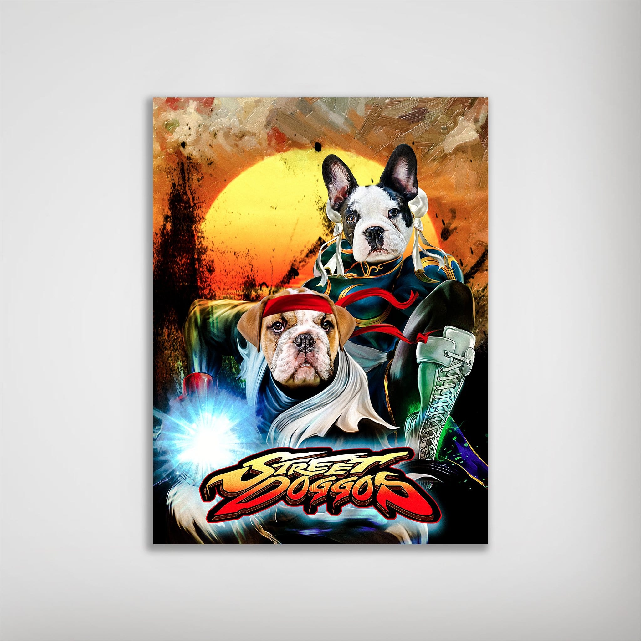 Personalized 'Street Doggos 2' poster featuring two pets as Street Fighter characters, a bulldog and a French bulldog, with a vibrant sunset background.