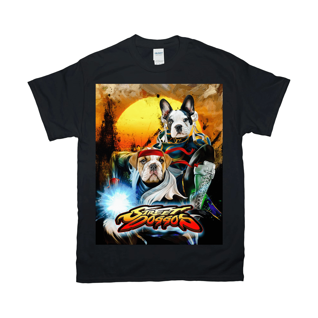 Black Gildan t-shirt with "Street Doggos 2" design featuring two personalized pets in fighting game style.