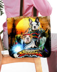 Personalized 2 pet tote bag with custom dog portraits in a "Street Doggos 2" cartoon style.