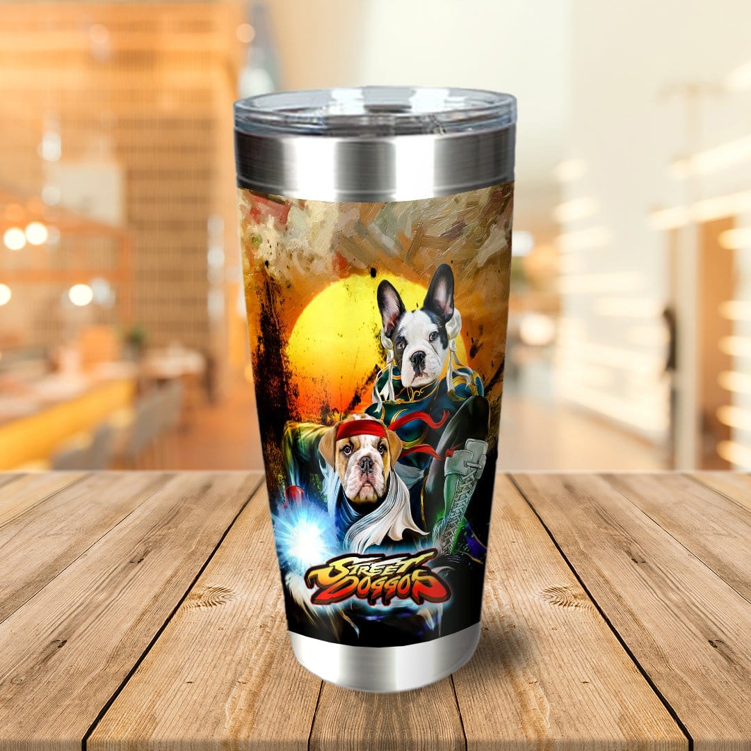 Personalized stainless steel tumbler with two French Bulldog pets in a "Street Fighter" cartoon style.