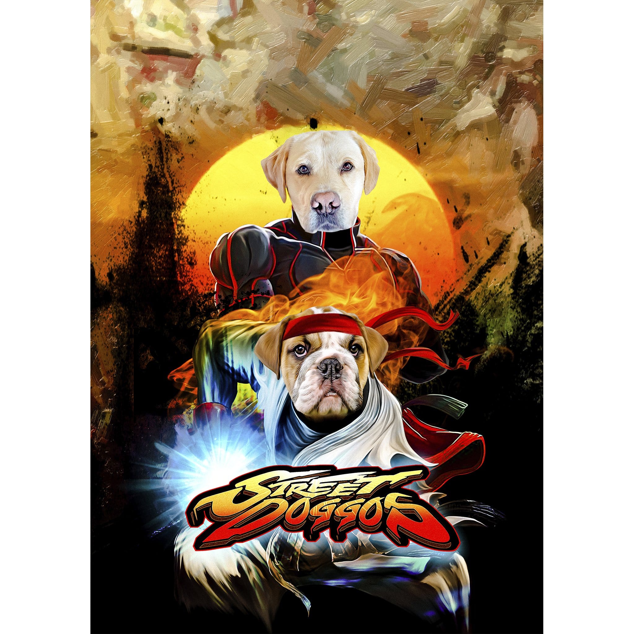 Custom digital portrait of two pets, a yellow lab and a bulldog, in a "Street Doggos" fighting game style.