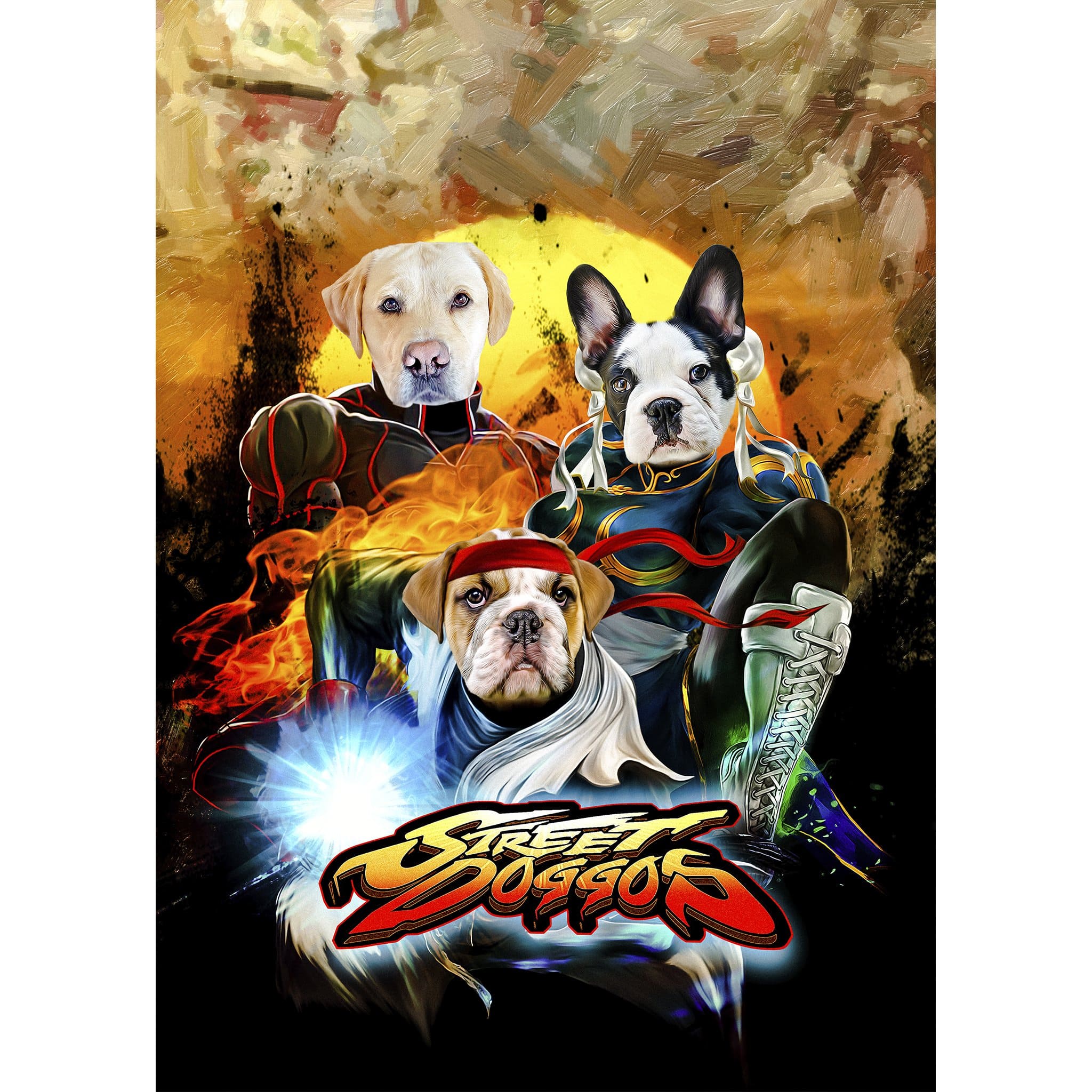 Custom digital portrait of three pets as Street Fighter characters, with a "Street Doggos" logo.