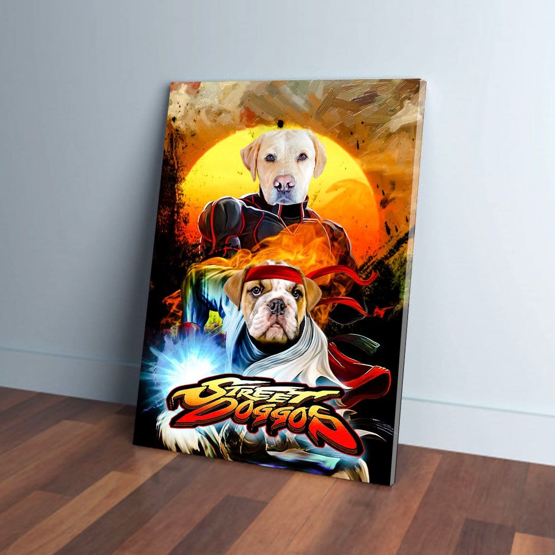 Custom 'Street Doggos' canvas featuring two pets as Street Fighter characters, a yellow lab and a bulldog.