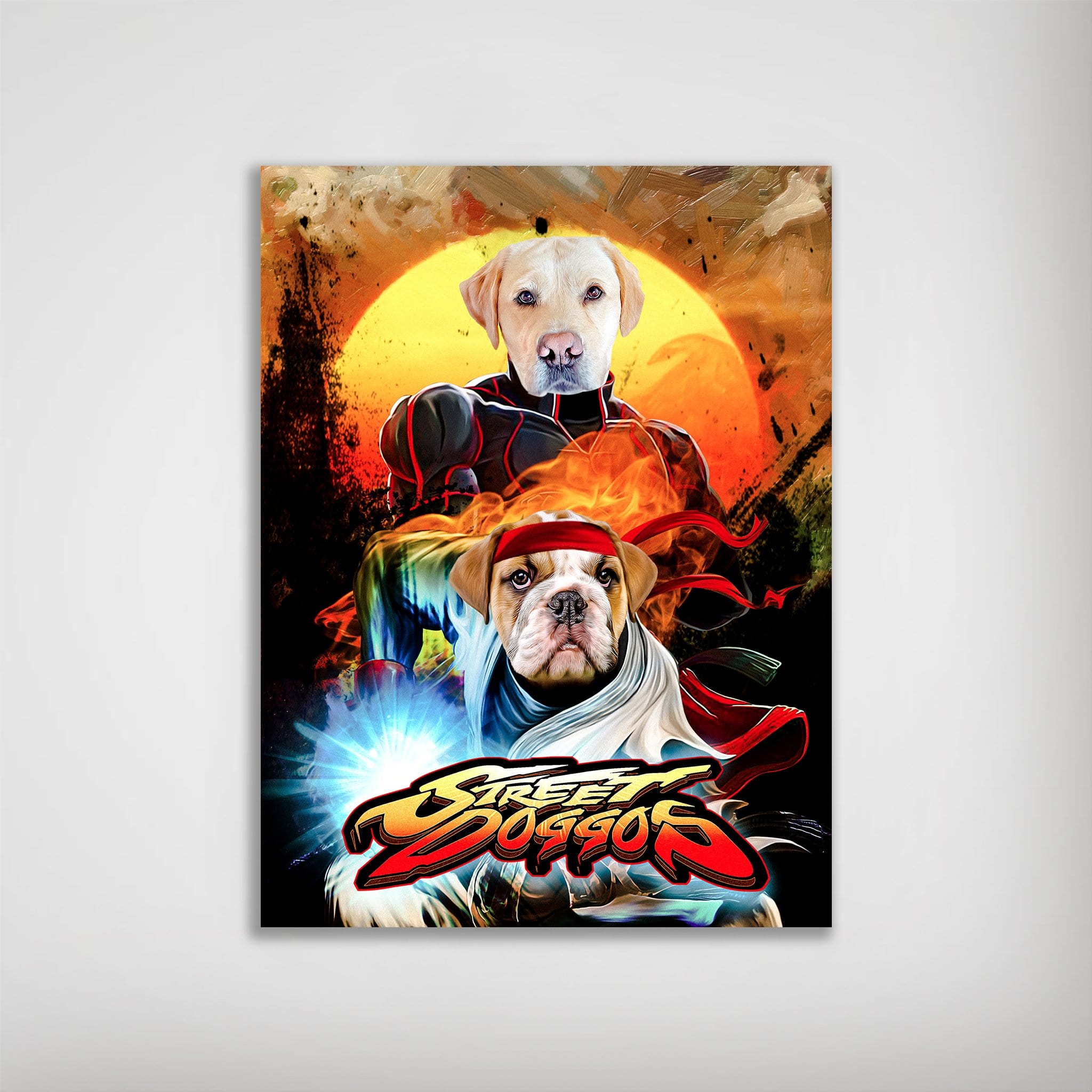 Personalized 'Street Doggos' poster featuring two pets as fighting game characters with a fiery sunset background.