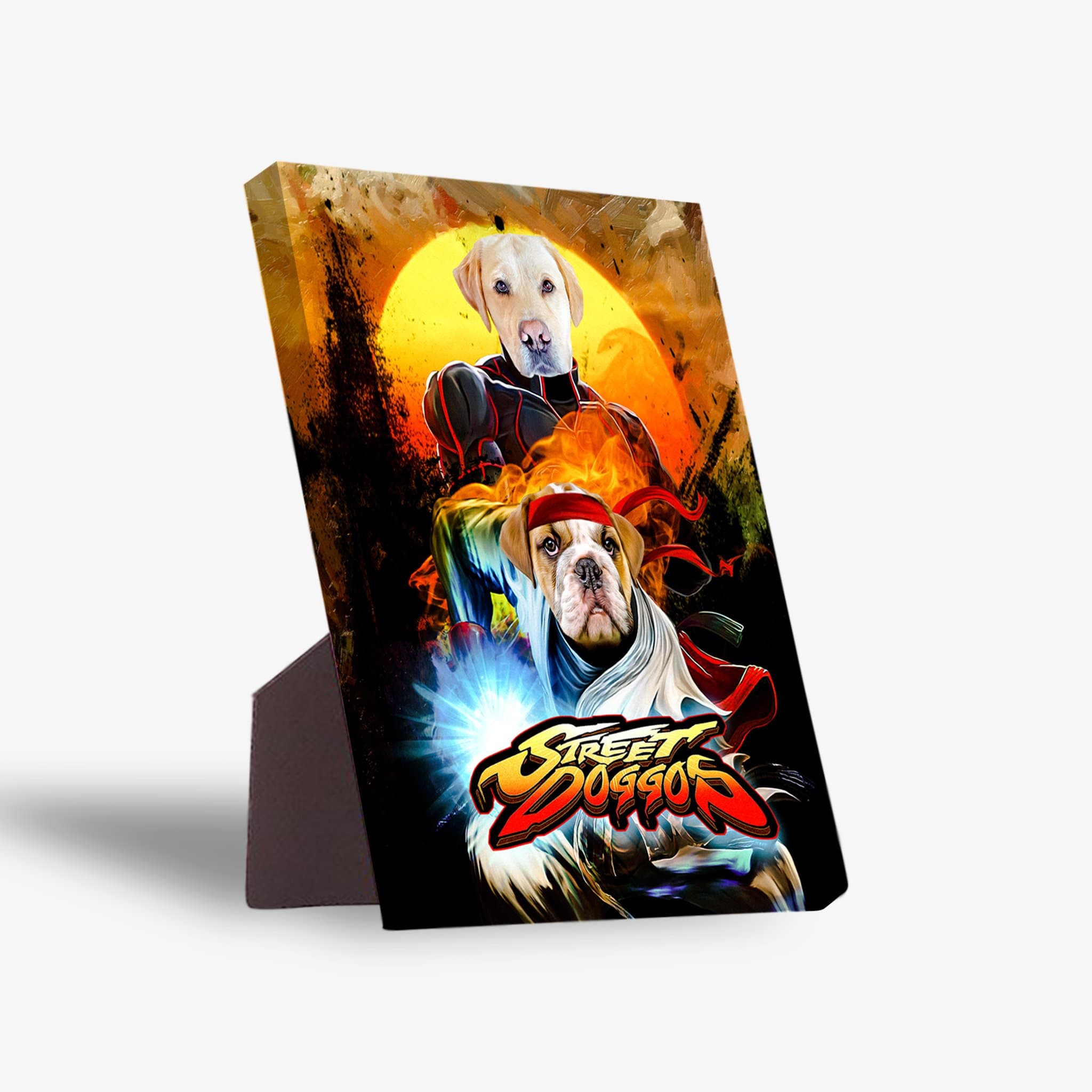 Personalized 'Street Doggos' standing canvas featuring two pets as fighting game characters.