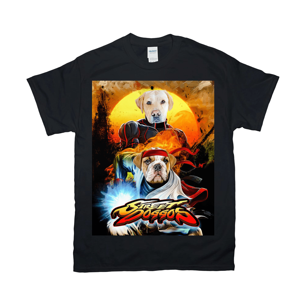 Black Gildan t-shirt featuring a personalized "Street Doggos" design with two pets in fighting poses.