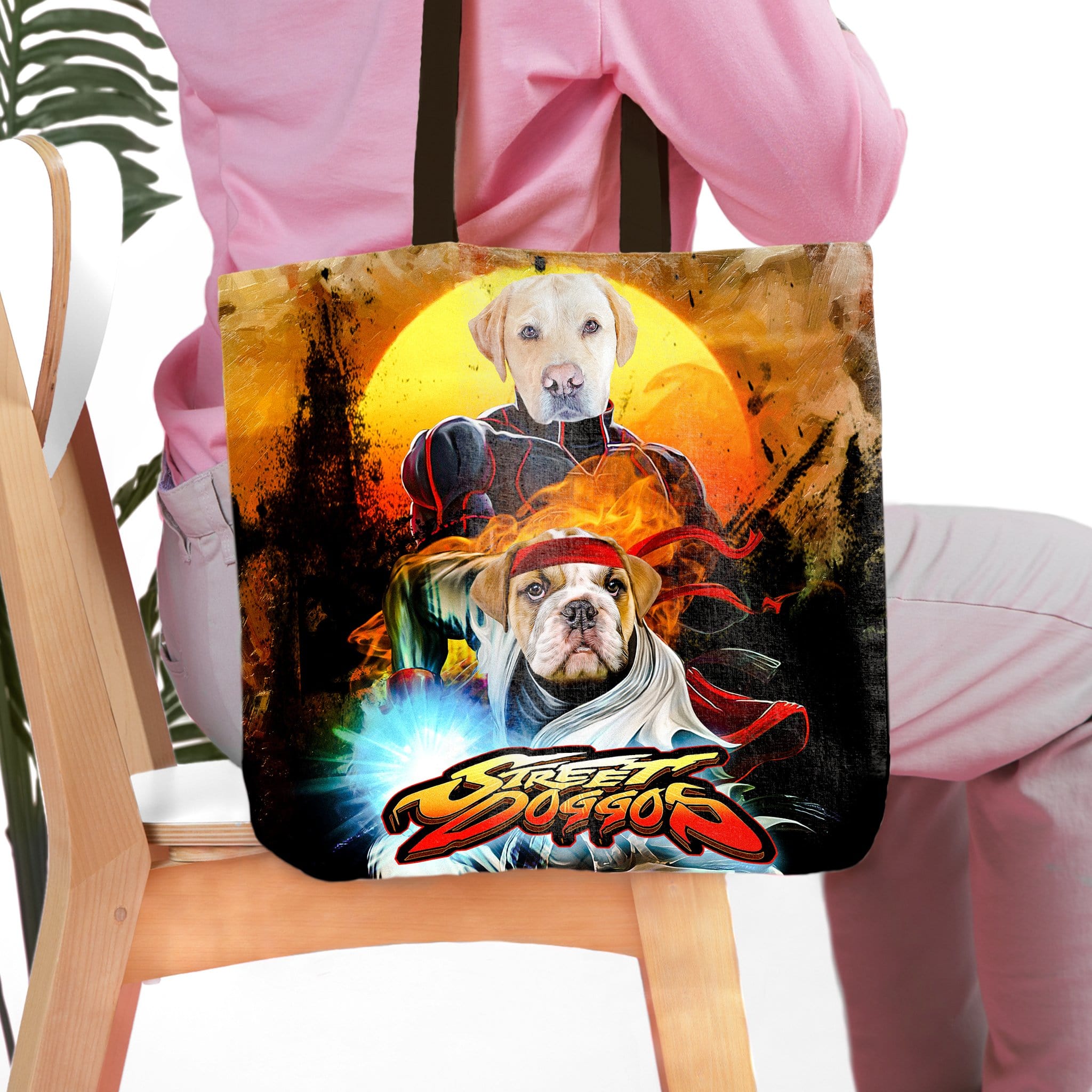 Personalized Street Doggos tote bag with custom cartoon portraits of a yellow lab and bulldog.