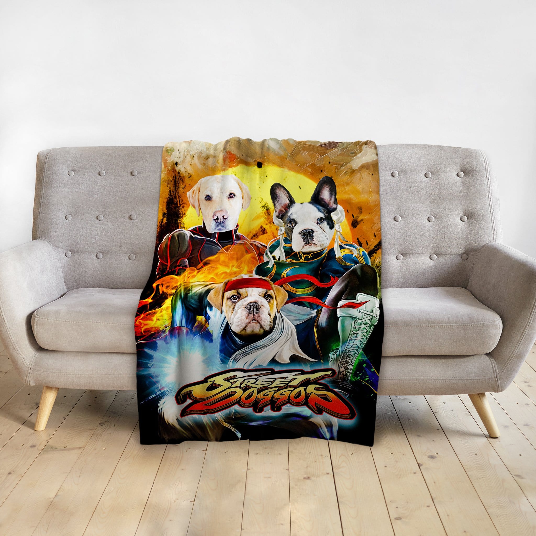 Personalized 'Street Doggos' blanket featuring three pets in a vibrant, cartoon-style portrait.