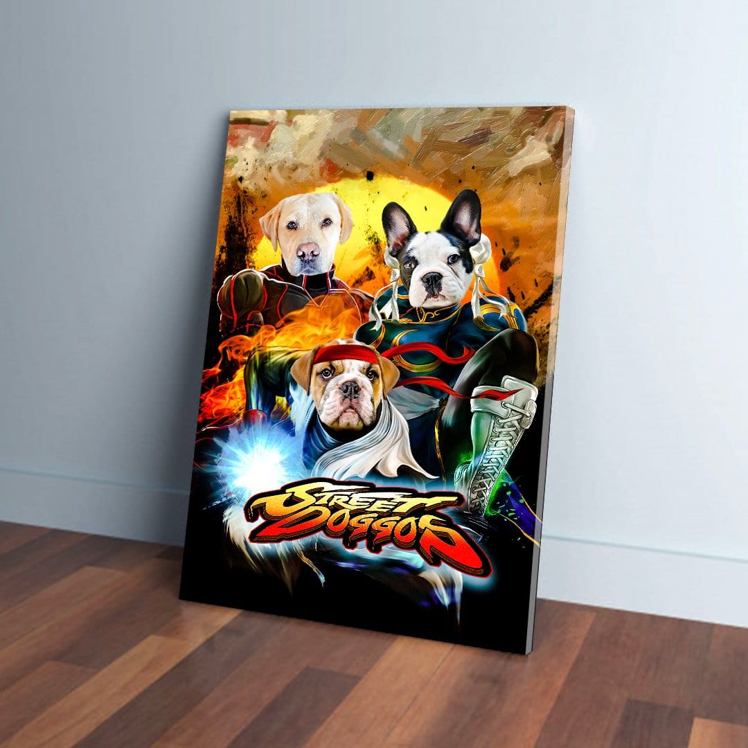 Personalized 'Street Doggos' canvas featuring three pets as fighting game characters, vibrant colors.