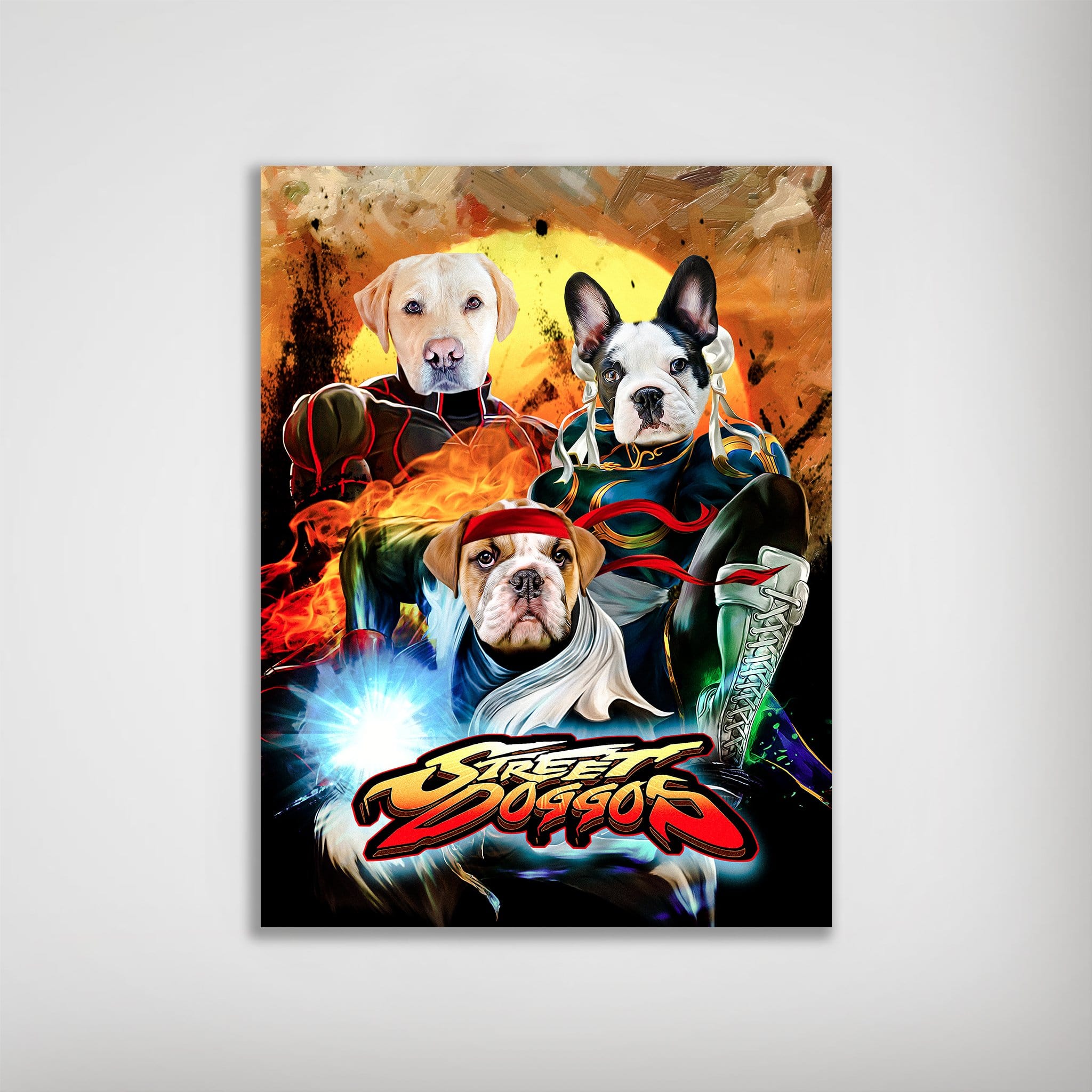 Personalized 'Street Doggos' poster featuring three pets as Street Fighter characters on a vibrant background.