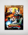 Personalized 'Street Doggos' poster featuring three pets as Street Fighter characters on a vibrant background.