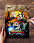 Personalized 'Street Doggos' puzzle featuring three custom pet portraits in a fighting game style.