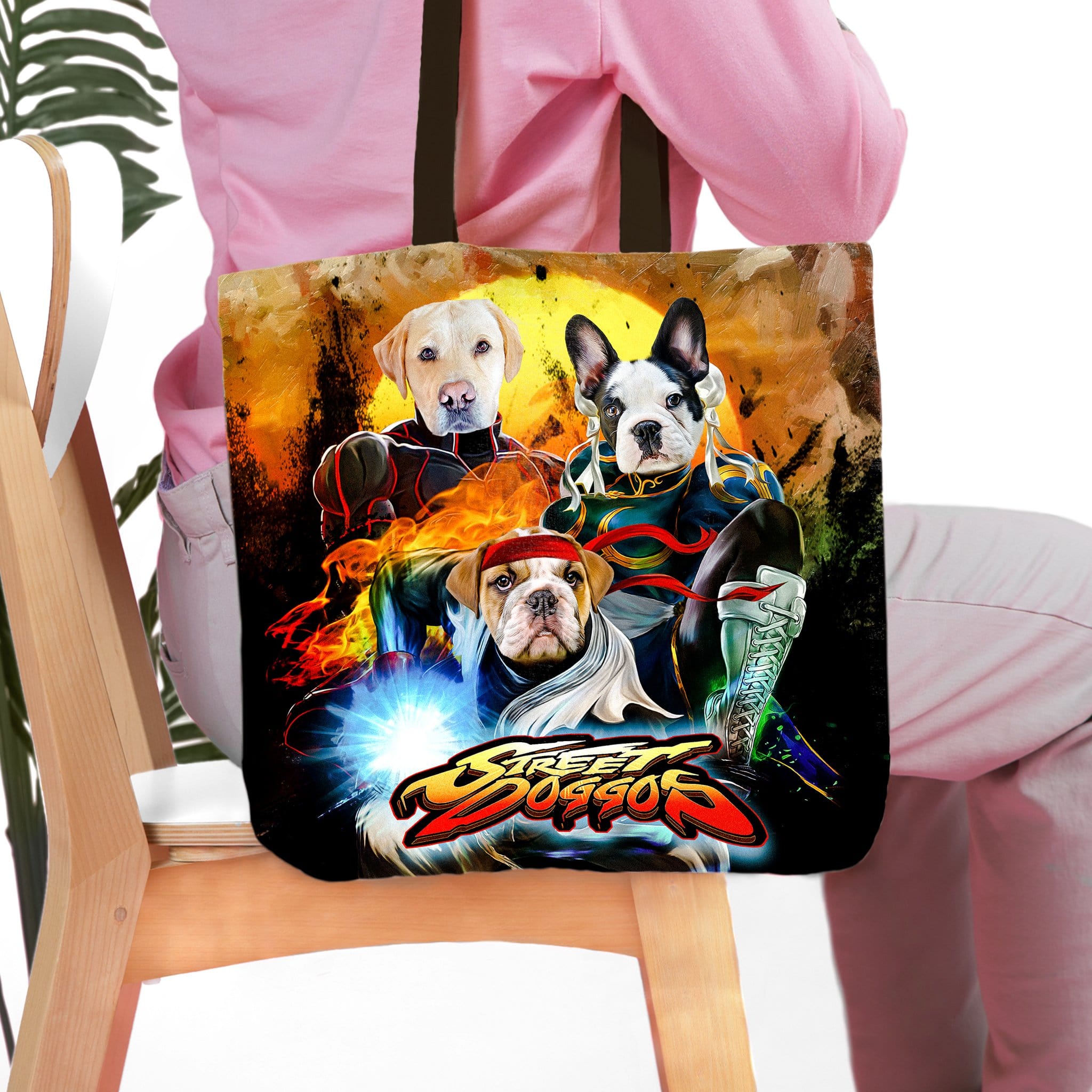 Personalized 'Street Doggos' tote bag featuring custom cartoon portraits of three dogs in fighting game attire.