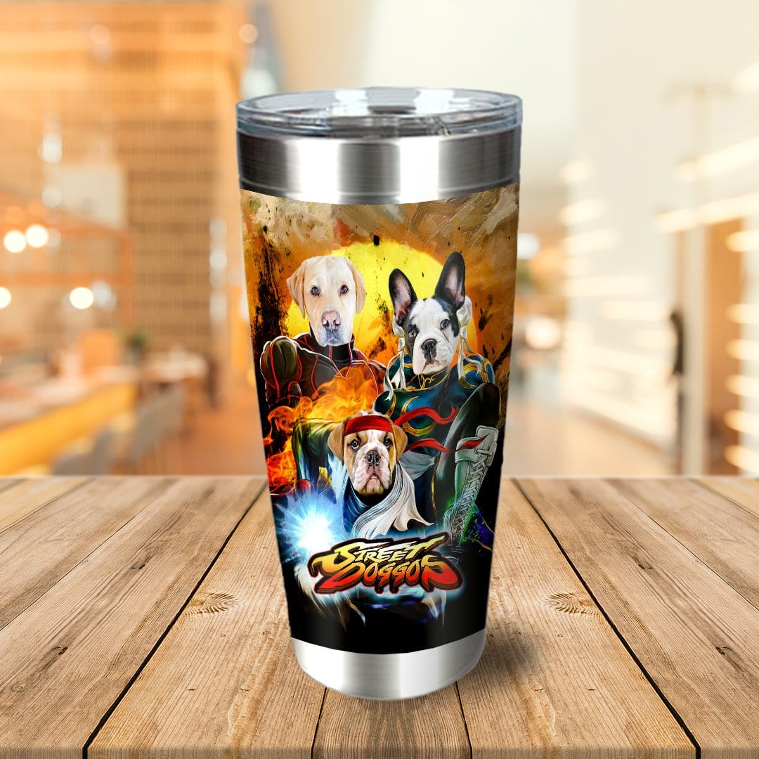 Personalized stainless steel tumbler with three dogs in "Street Doggos" cartoon warrior style.