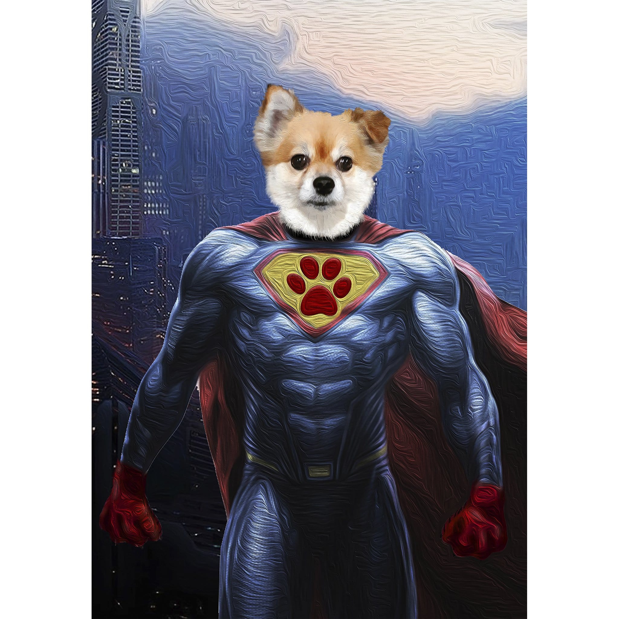 Custom digital portrait of a dog's head on a superhero body with a paw print emblem.