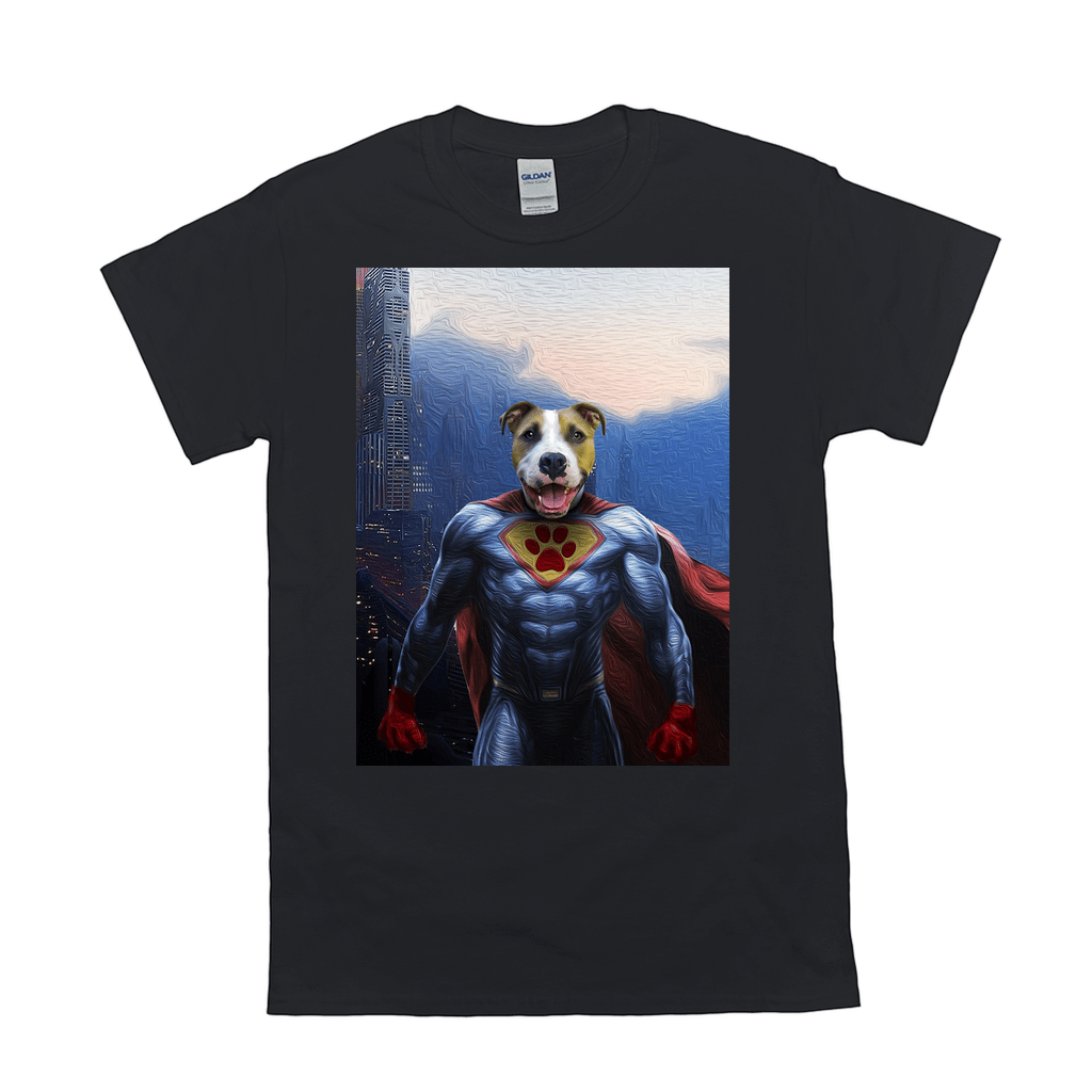 Black Gildan t-shirt featuring a personalized "Super Dog" design with a dog's face on a superhero body.