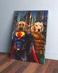 Personalized Superdog & Aquadog canvas featuring two dogs in superhero costumes, leaning against a wall.