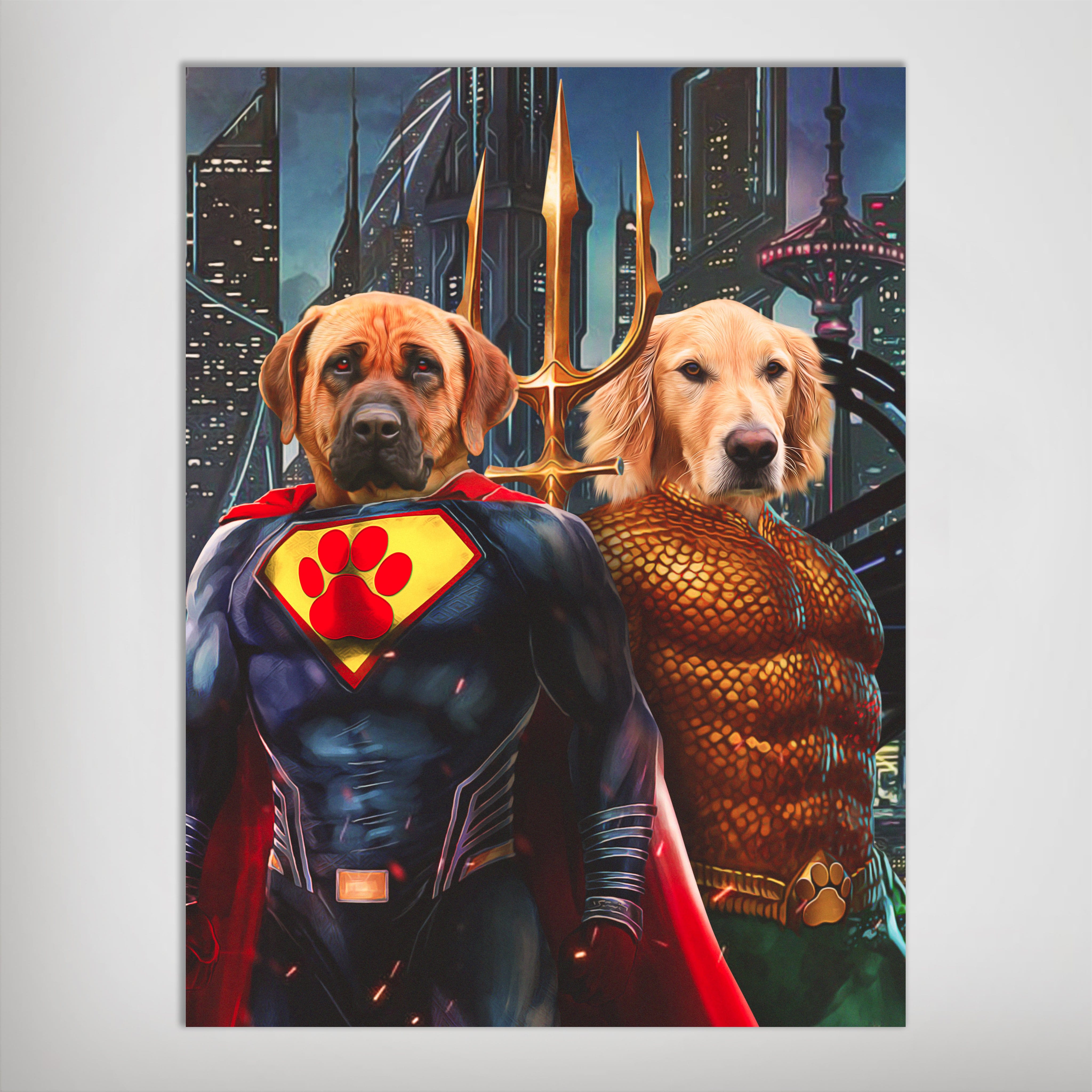 Personalized 'Superdog &amp; Aquadog' poster featuring two dogs as superheroes against a city skyline.