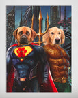 Personalized 'Superdog & Aquadog' poster featuring two dogs as superheroes against a city skyline.