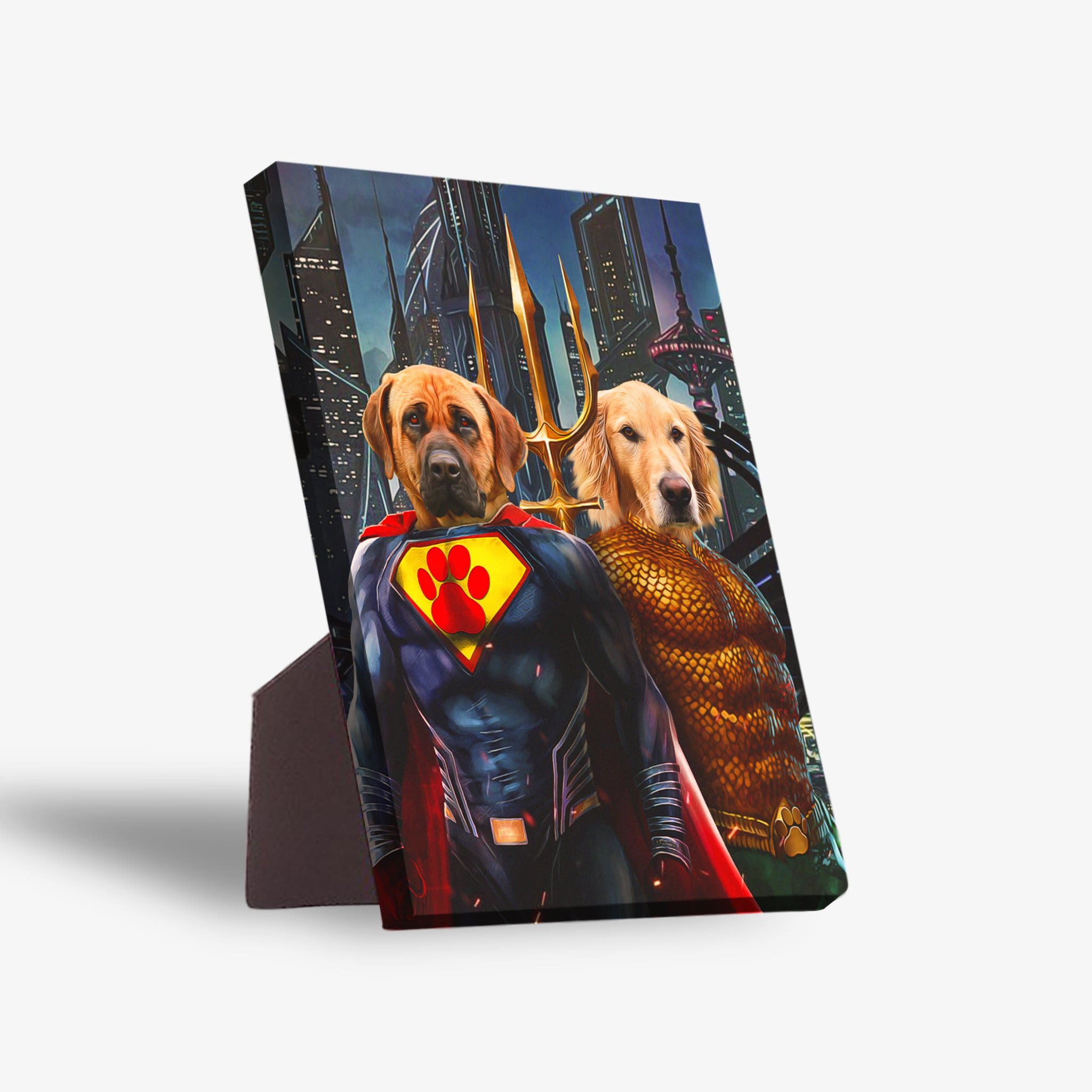 Personalized Superdog & Aquadog standing canvas featuring two pets in superhero costumes against a city background.