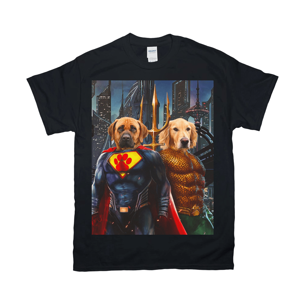 Black Gildan unisex t-shirt featuring two dogs as superheroes, Superdog and Aquadog, against a city backdrop.