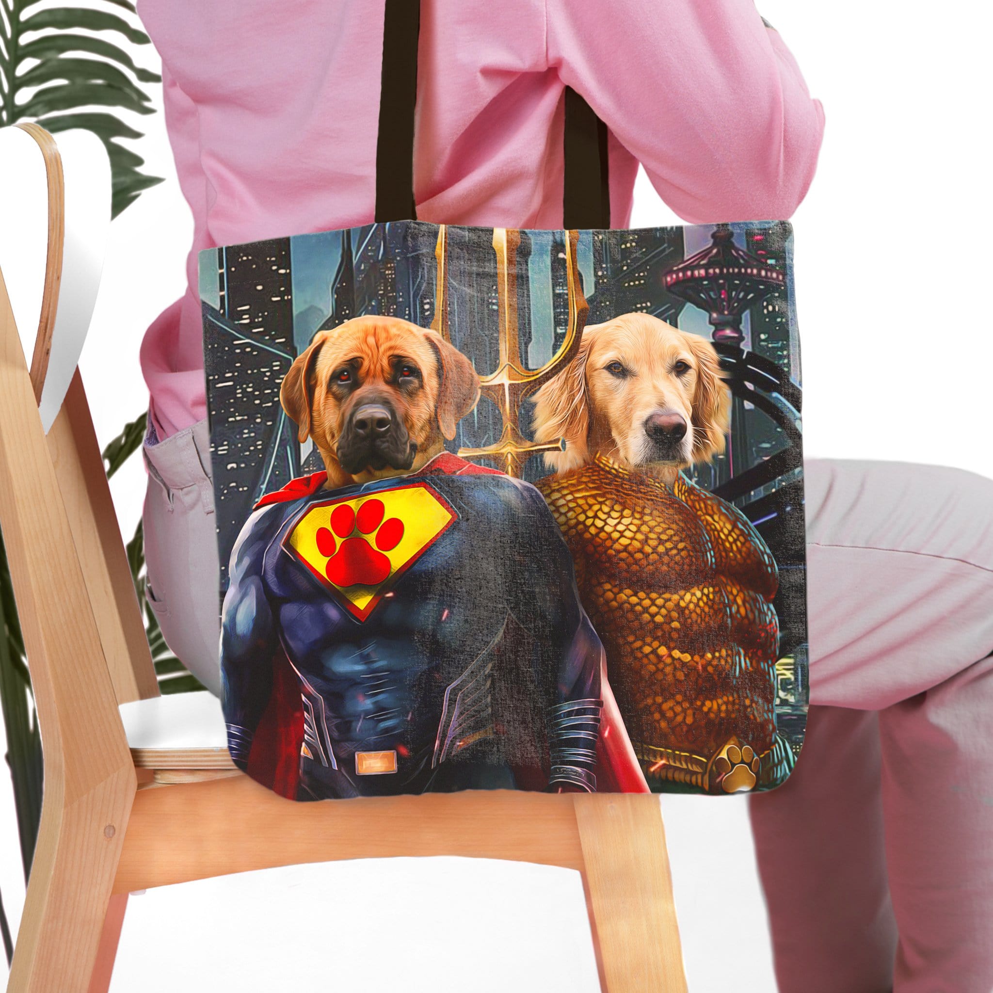 Personalized Superdog & Aquadog 2-pet tote bag featuring custom dog portraits in superhero costumes.