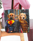 Personalized Superdog & Aquadog 2-pet tote bag featuring custom dog portraits in superhero costumes.